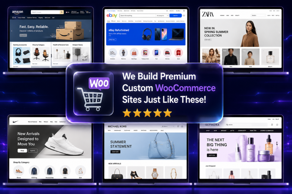 A grid of famous ecommerce websites with a banner offering custom WooCommerce development